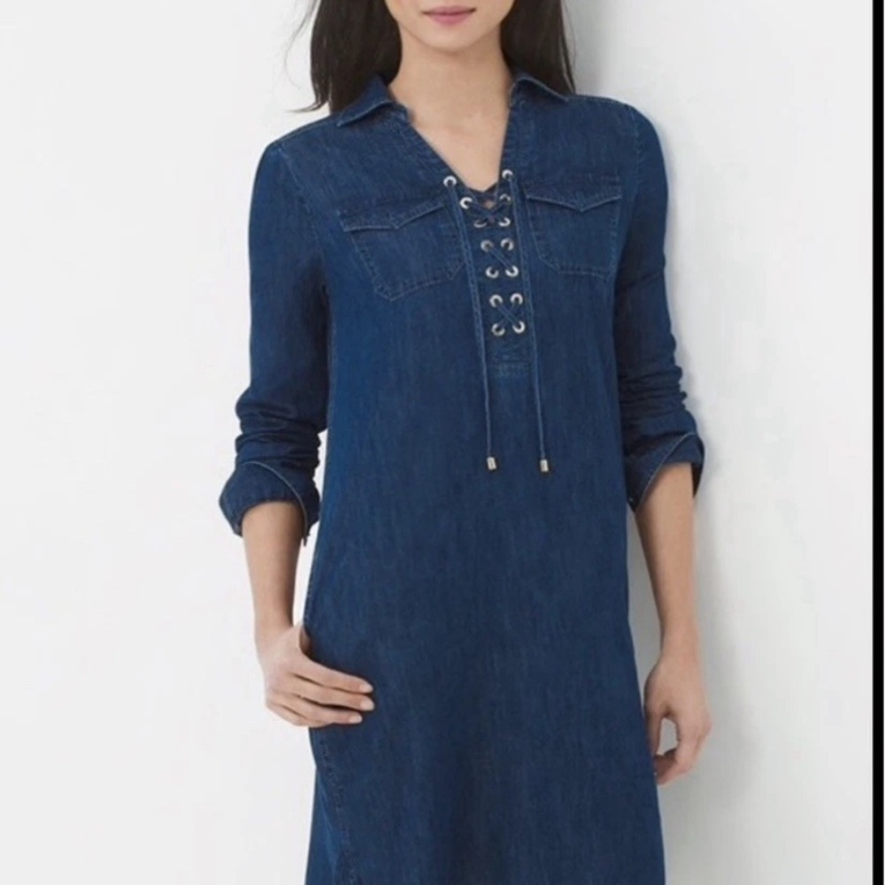 Size: 00 WHBM Denim Long Sleeve or 3/4 Sleeve with Snaps Mini Dress with Pockets